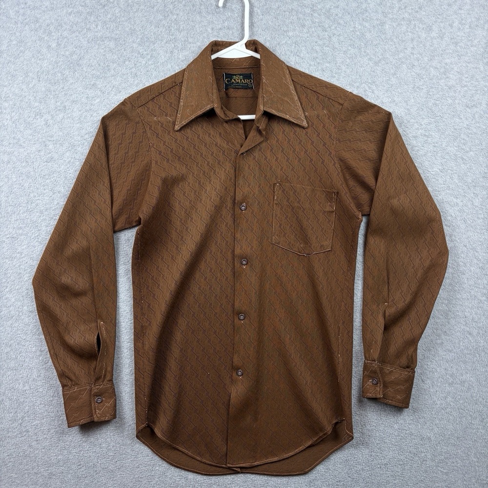 Vintage 70s Disco Shirt Mens Small Brown Pointelle Knit Dagger Collar